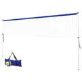 Portable 6-meter volleyball net set with white iron frame, PVC ball, and blue carry bag.