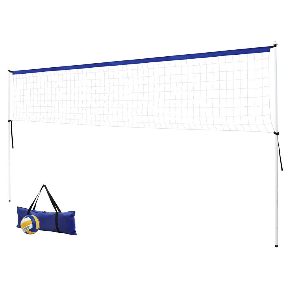 Portable 6-meter volleyball net set with white iron frame, PVC ball, and blue carry bag.
