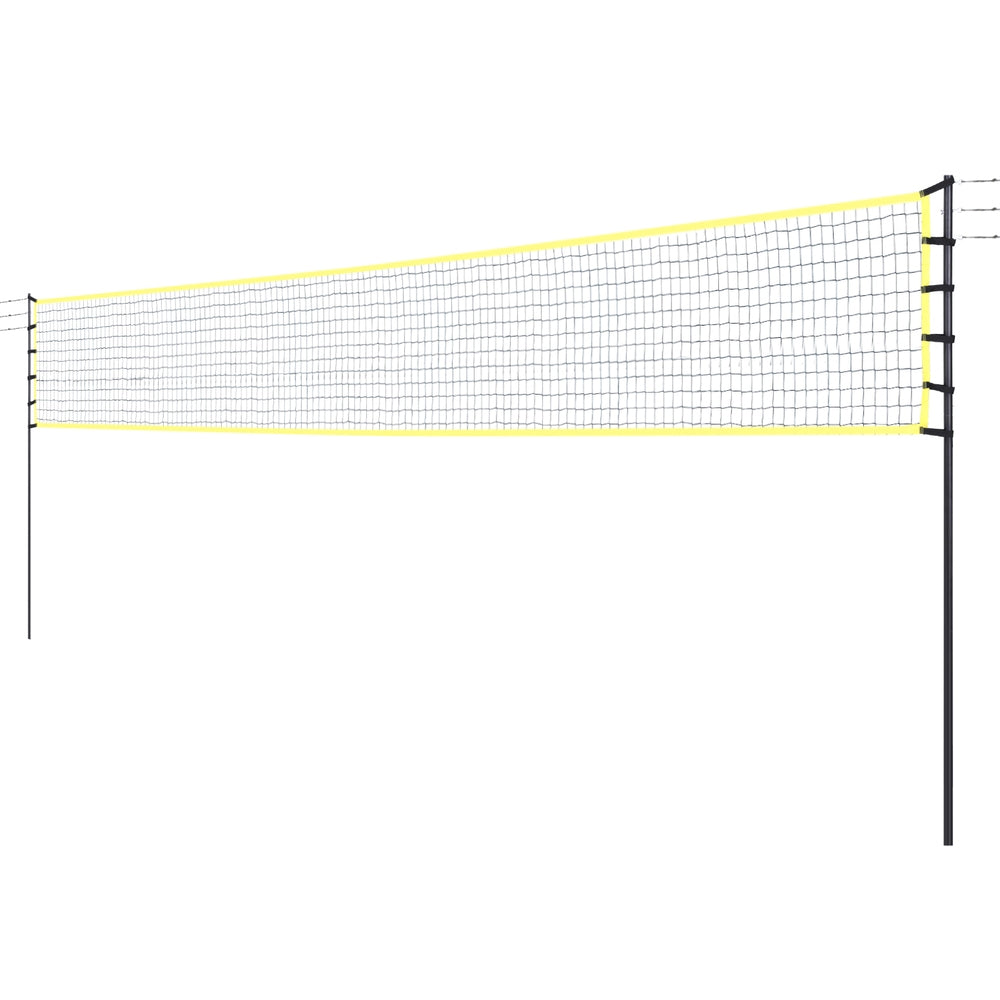 Portable 9m outdoor volleyball sports net set with steel poles, ball, and black carry bag
