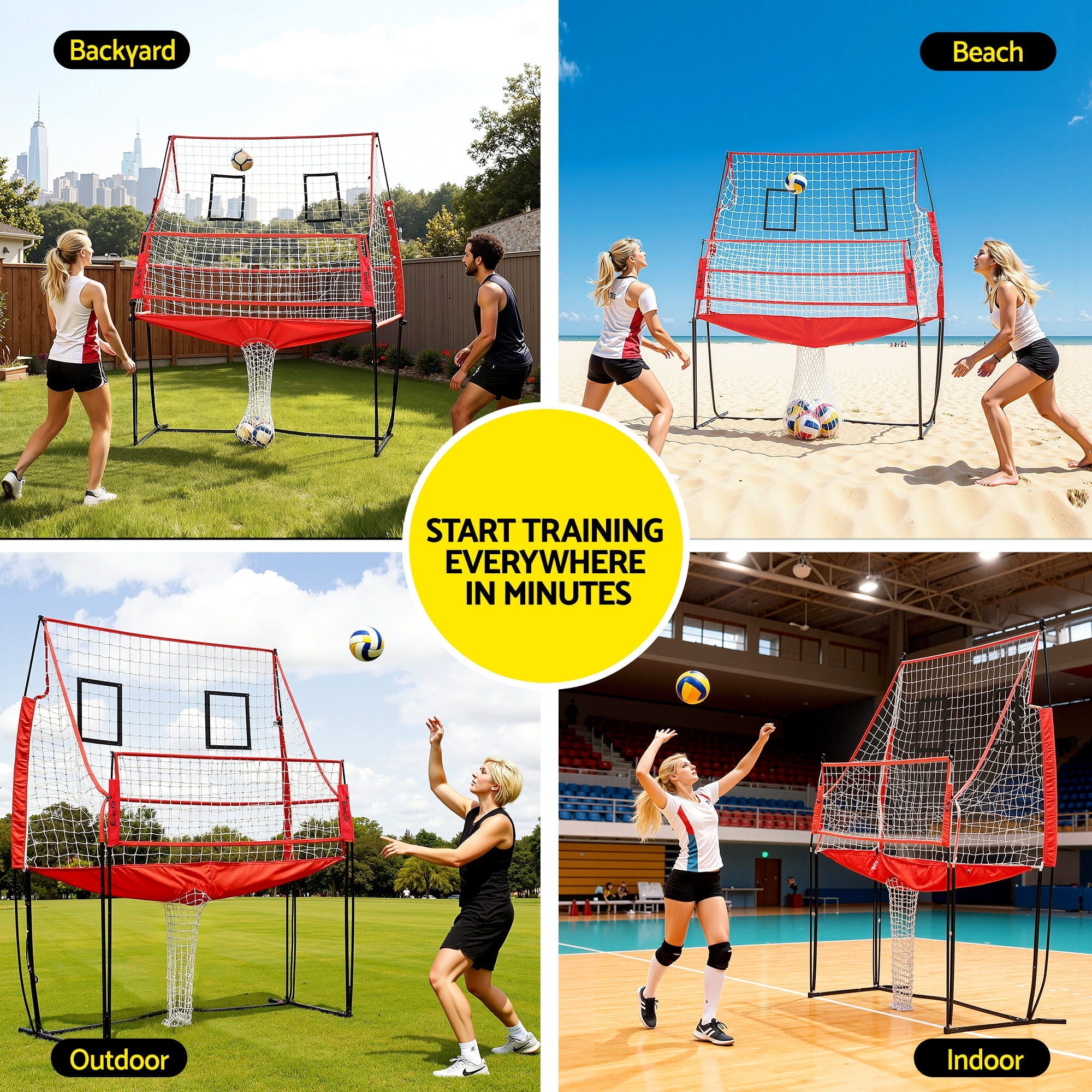 Portable 8ft yellow and black volleyball training net with ball, pump, and carry bag — view 5