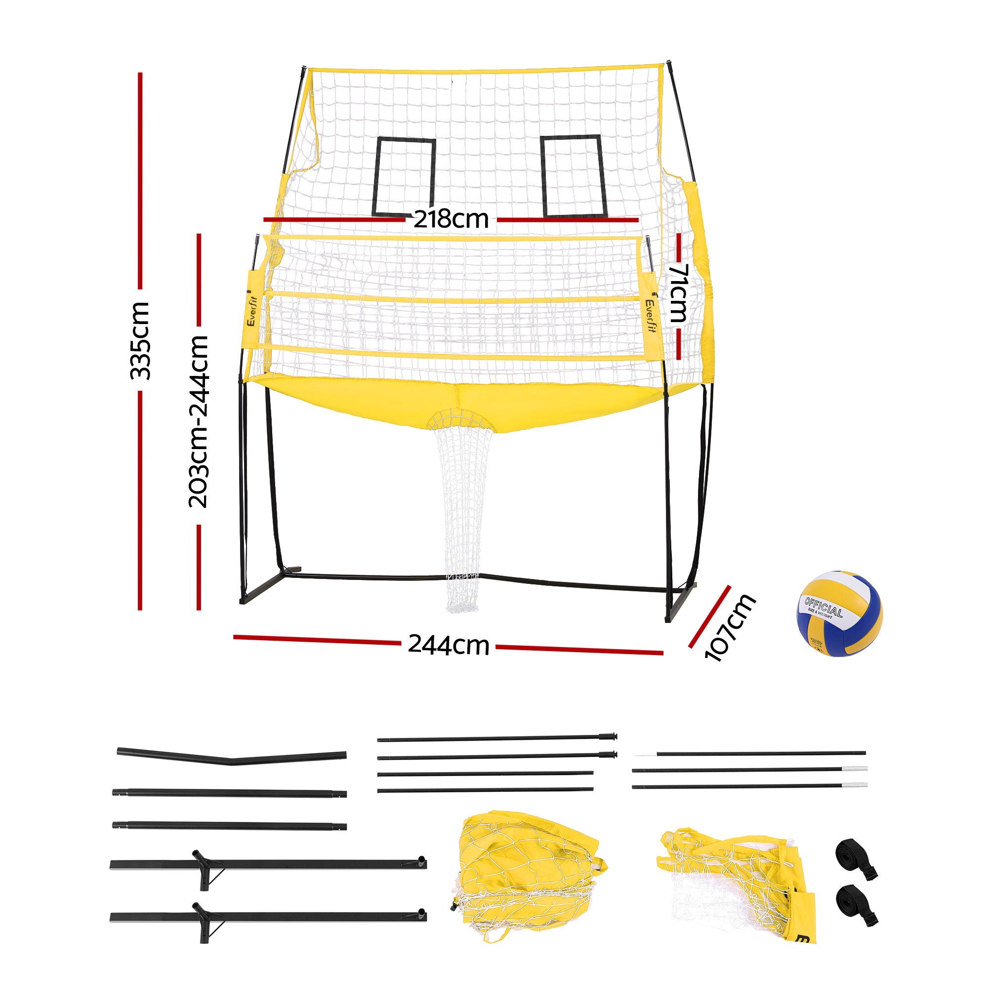 Everfit free-standing portable outdoor volleyball net in yellow and black with PVC ball — view 2