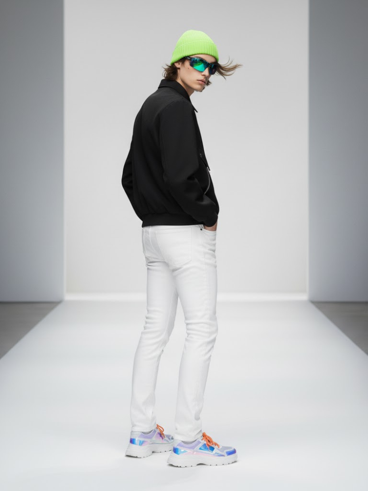Black men's bomber jacket in technical fabric with metallic studs and front zipper details — view 2