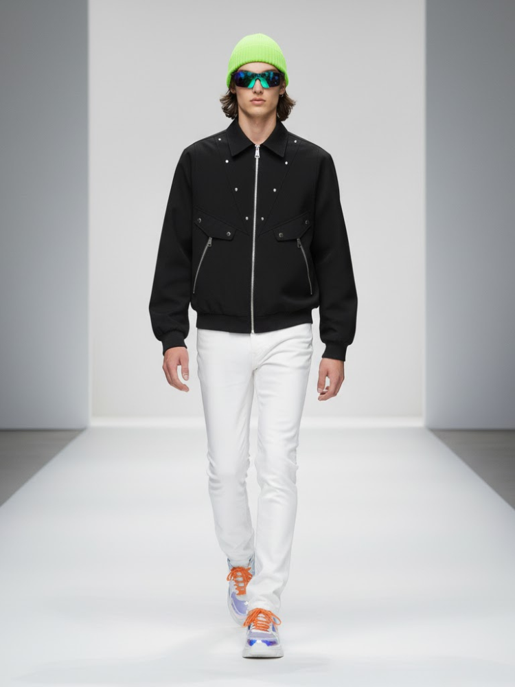 Black men's bomber jacket in technical fabric with metallic studs and front zipper details