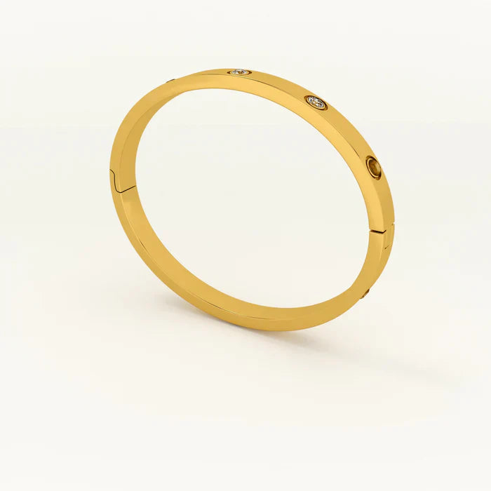 Crystal Love Bangle Bracelet with heart shaped crystal centerpiece and polished metallic adjustable band — view 5