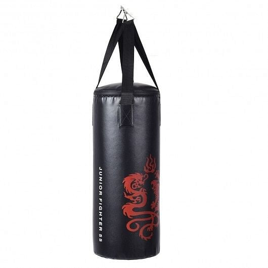 Kids 2-foot boxing set with hanging punch bag, padded training gloves, skipping rope, and carrying rucksack