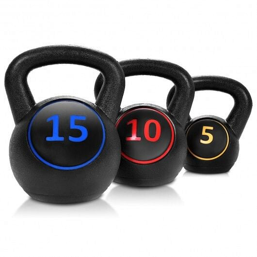 Three piece kettlebell weight set featuring wide ergonomic handles for home gym strength training — view 4