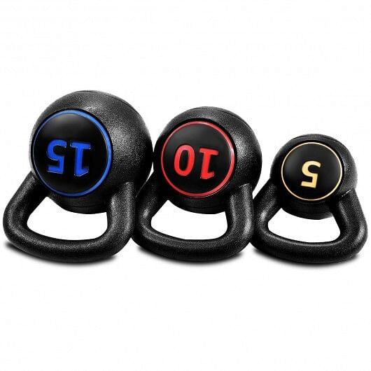 Three piece kettlebell weight set featuring wide ergonomic handles for home gym strength training — view 2