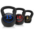 Three piece kettlebell weight set featuring wide ergonomic handles for home gym strength training