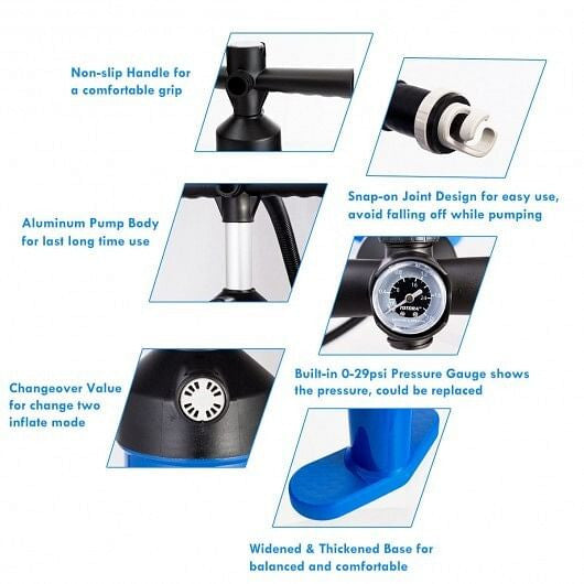 Double action SUP hand pump with pressure gauge, sturdy aluminum body, and wide anti-slip base — view 2