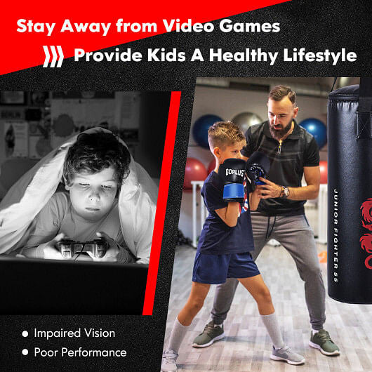 Black PU leather 40lb heavy punching bag set with boxing gloves and jump rope — view 2