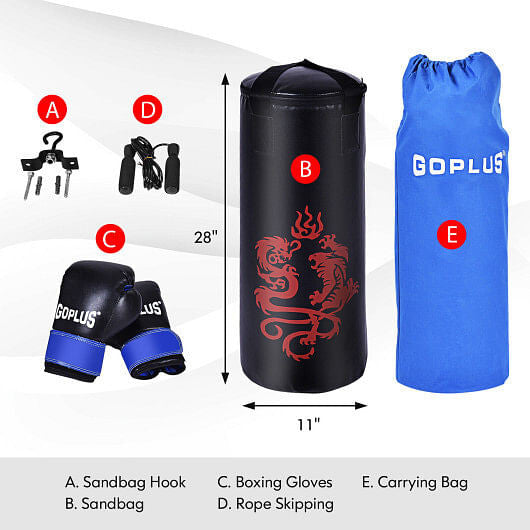 Black PU leather 40lb heavy punching bag set with boxing gloves and jump rope — view 3