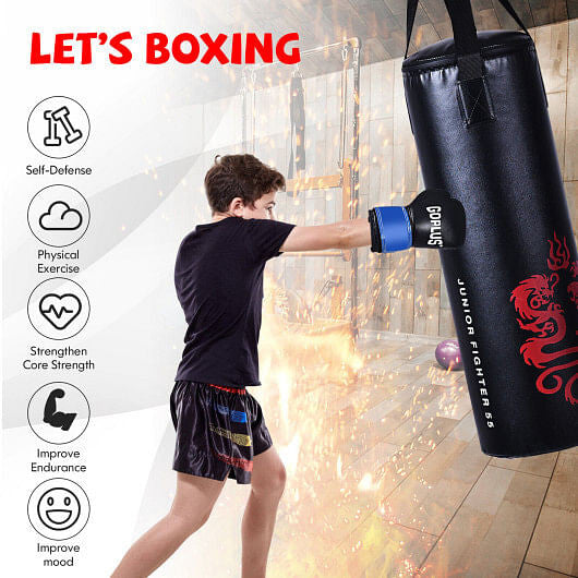 Black PU leather 40lb heavy punching bag set with boxing gloves and jump rope — view 4