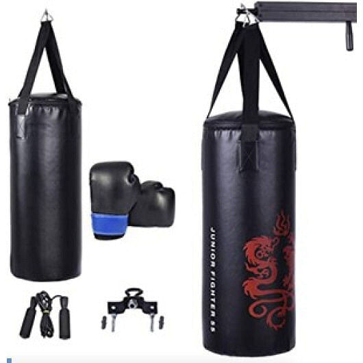 Black PU leather 40lb heavy punching bag set with boxing gloves and jump rope — view 5
