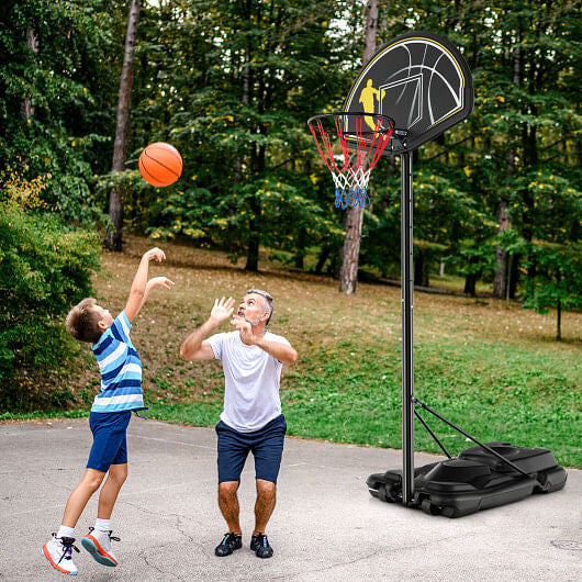 Portable adjustable basketball hoop system with shatterproof backboard, rim, and freestanding base with wheels. — view 2