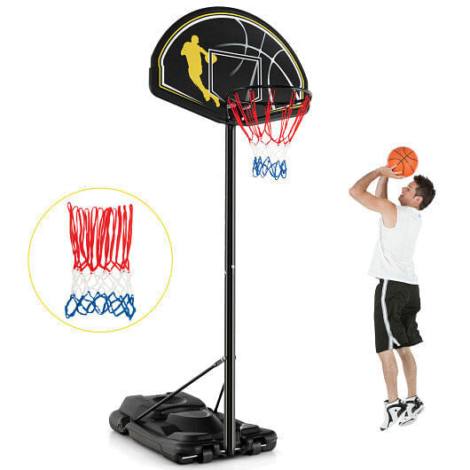 Portable adjustable basketball hoop system with shatterproof backboard, rim, and freestanding base with wheels.