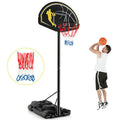 Portable adjustable basketball hoop system with shatterproof backboard, rim, and freestanding base with wheels.