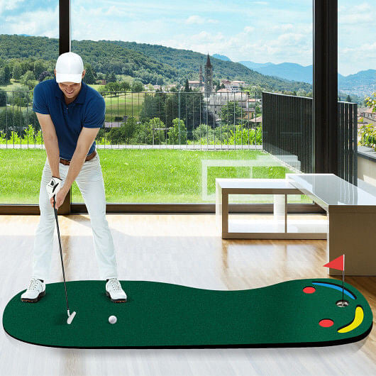 Golf putting green set with training cup, flag, and built-in hazards on a true-roll surface