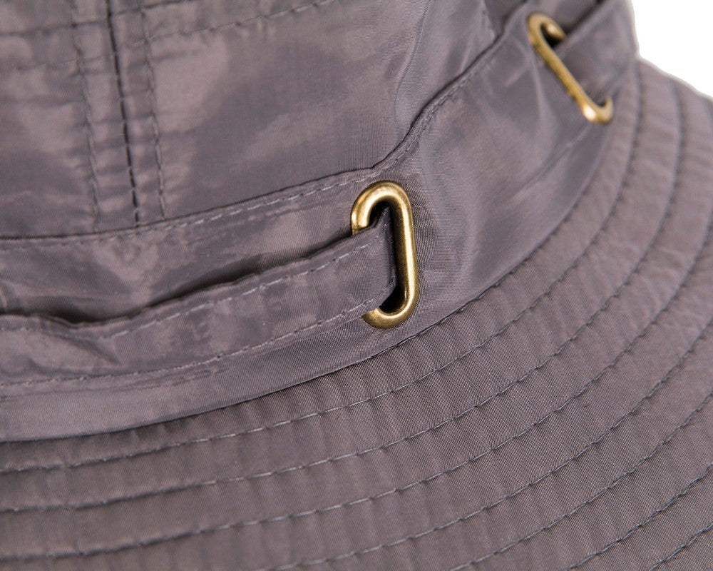 Grey casual weatherproof bucket golf hat with adjustable chin strap and foldable design — view 5