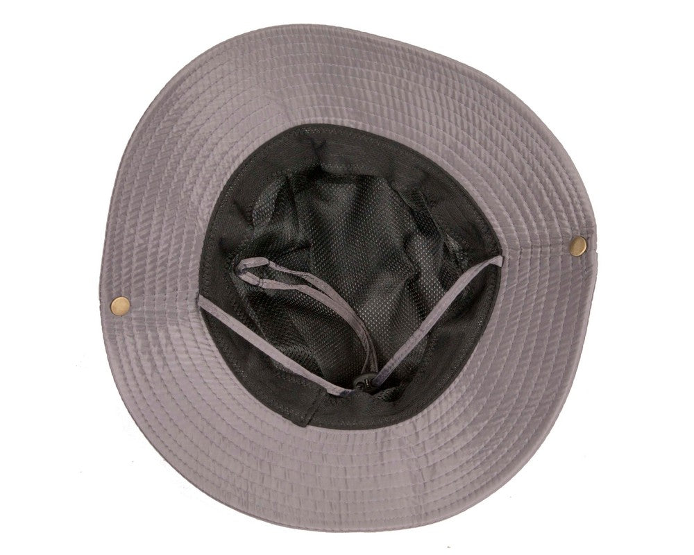 Grey casual weatherproof bucket golf hat with adjustable chin strap and foldable design — view 4