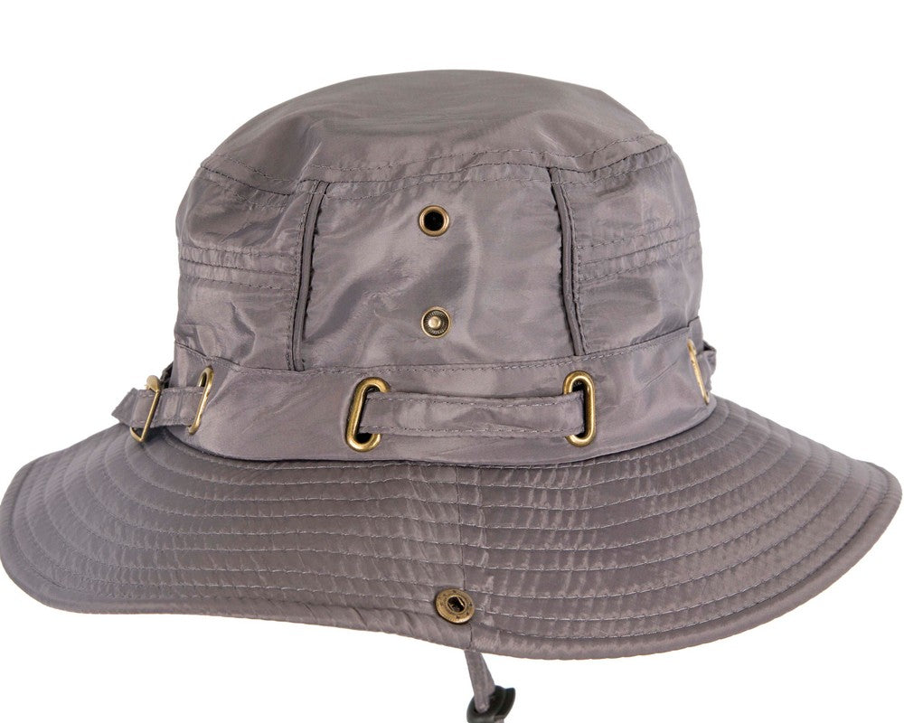 Grey casual weatherproof bucket golf hat with adjustable chin strap and foldable design — view 3