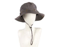Grey casual weatherproof bucket golf hat with adjustable chin strap and foldable design