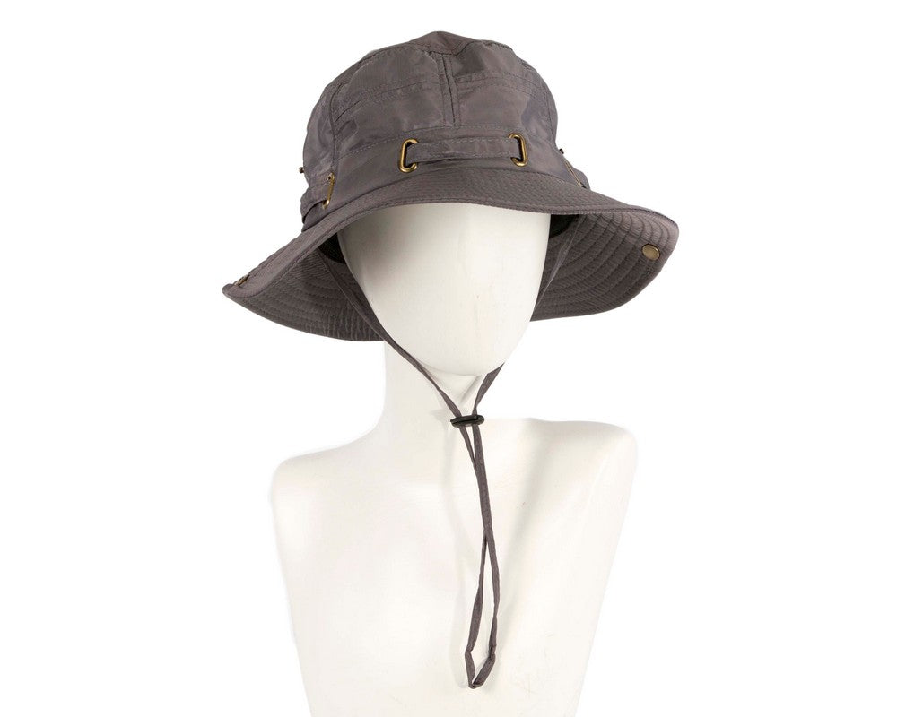 Grey casual weatherproof bucket golf hat with adjustable chin strap and foldable design