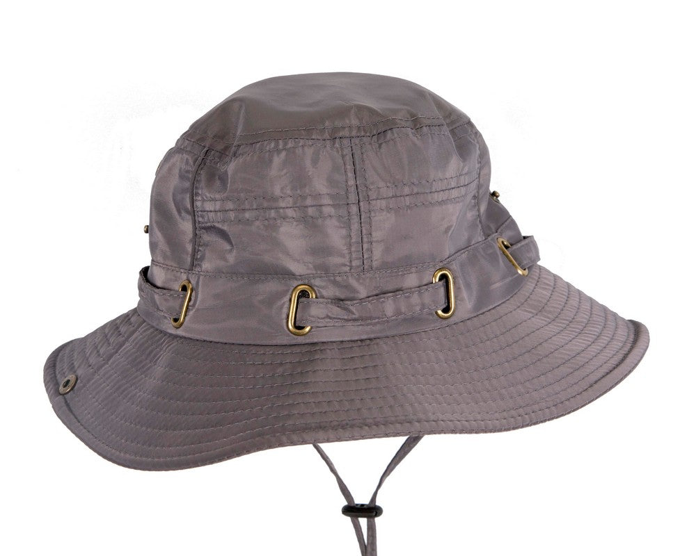 Grey casual weatherproof bucket golf hat with adjustable chin strap and foldable design — view 2