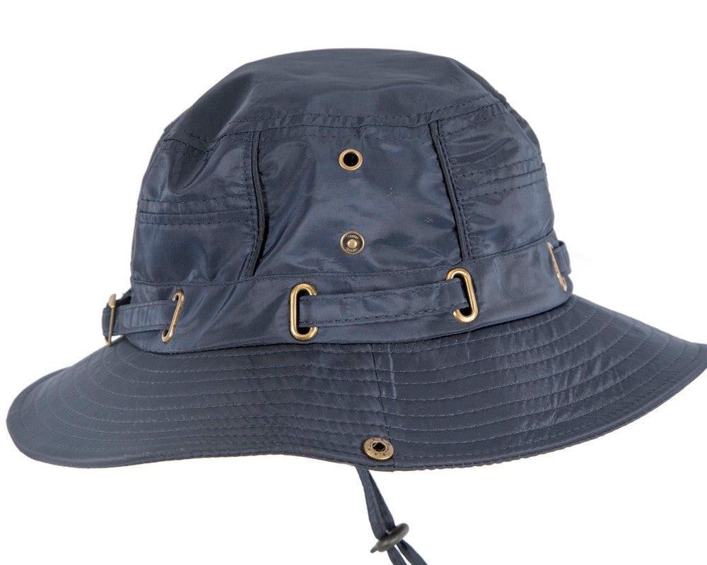 Navy blue weatherproof casual bucket hat with adjustable chin strap for outdoor golf and hiking — view 3