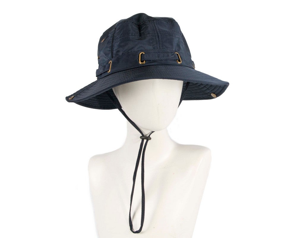 Navy blue weatherproof casual bucket hat with adjustable chin strap for outdoor golf and hiking