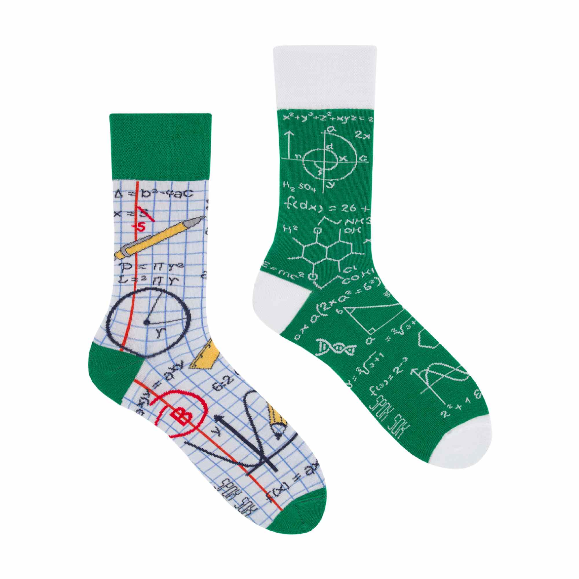 Mismatched novelty back to school cotton crew socks featuring math and stationery designs