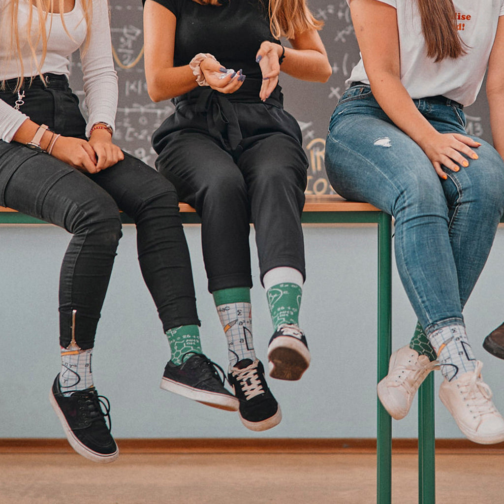 Mismatched novelty back to school cotton crew socks featuring math and stationery designs — view 3