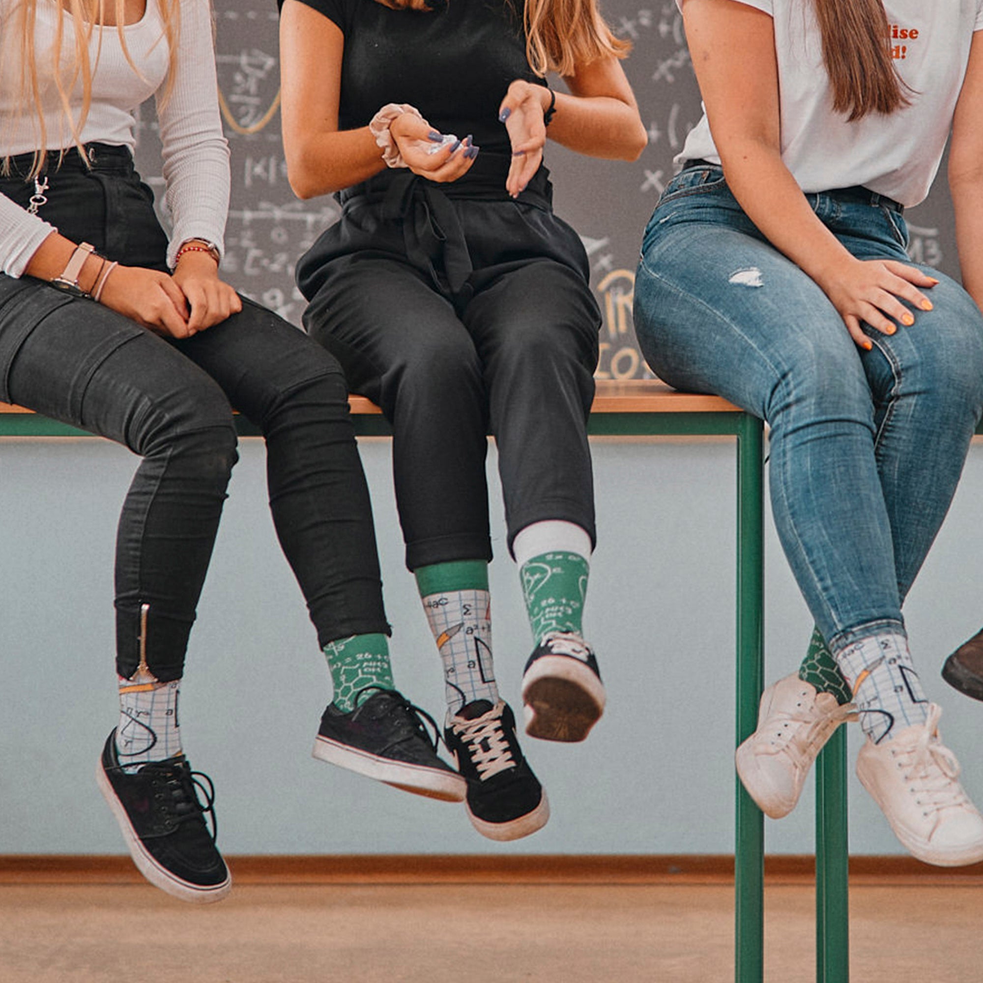 Mismatched novelty back to school cotton crew socks featuring math and stationery designs — view 3