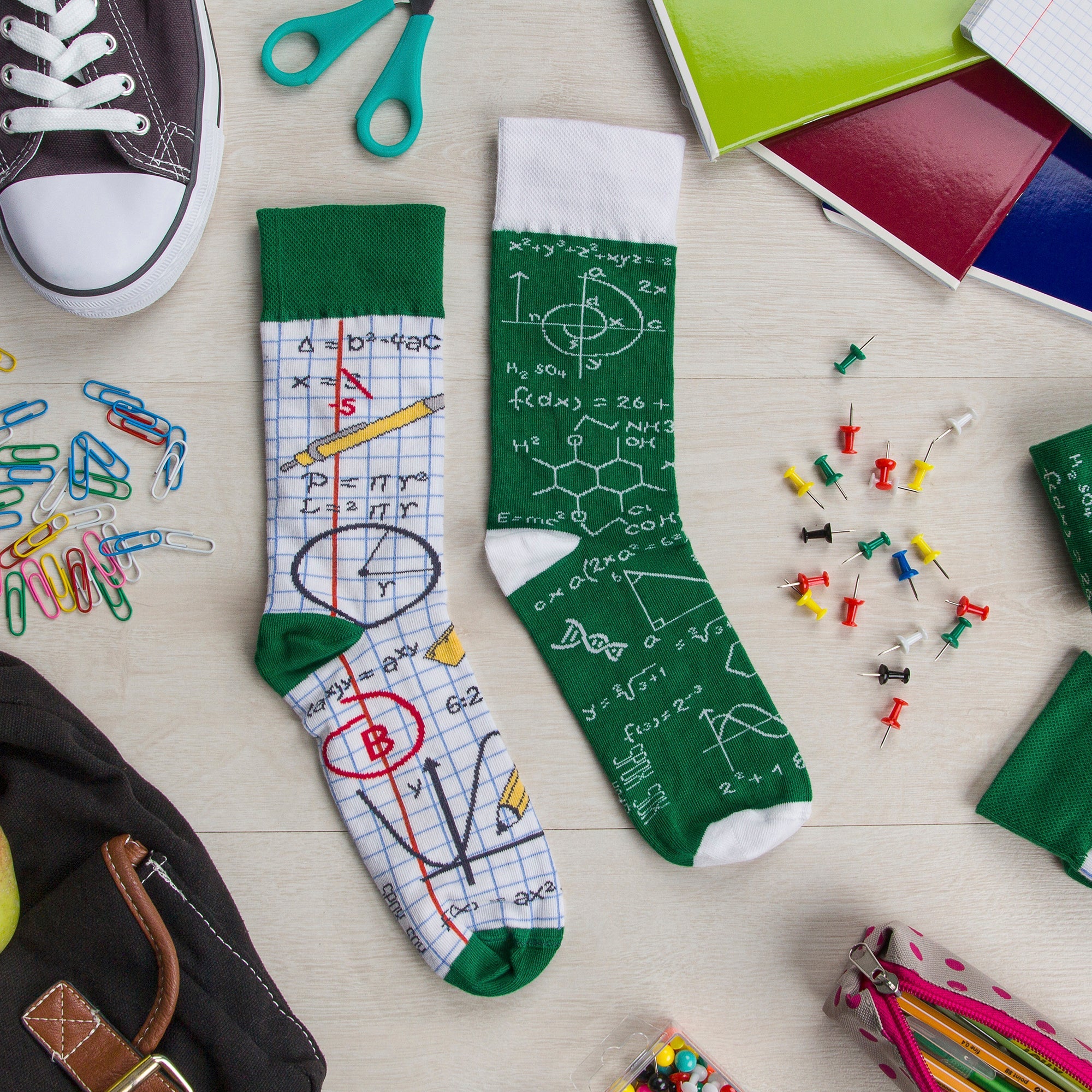 Mismatched novelty back to school cotton crew socks featuring math and stationery designs — view 4