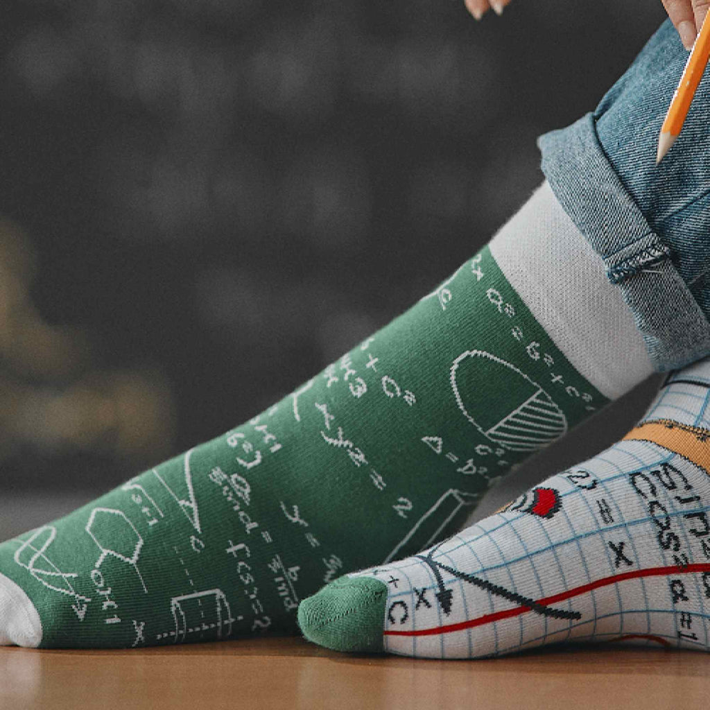 Mismatched novelty back to school cotton crew socks featuring math and stationery designs — view 2