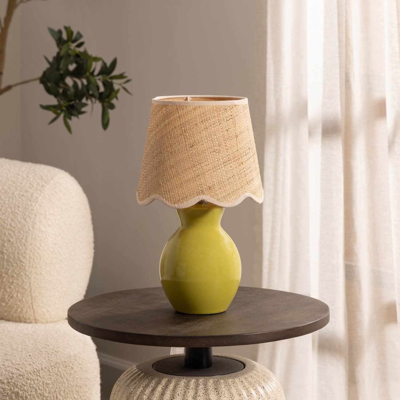 Salgareda olive rattan table lamp with green ceramic base and soft beige cotton shade — view 2