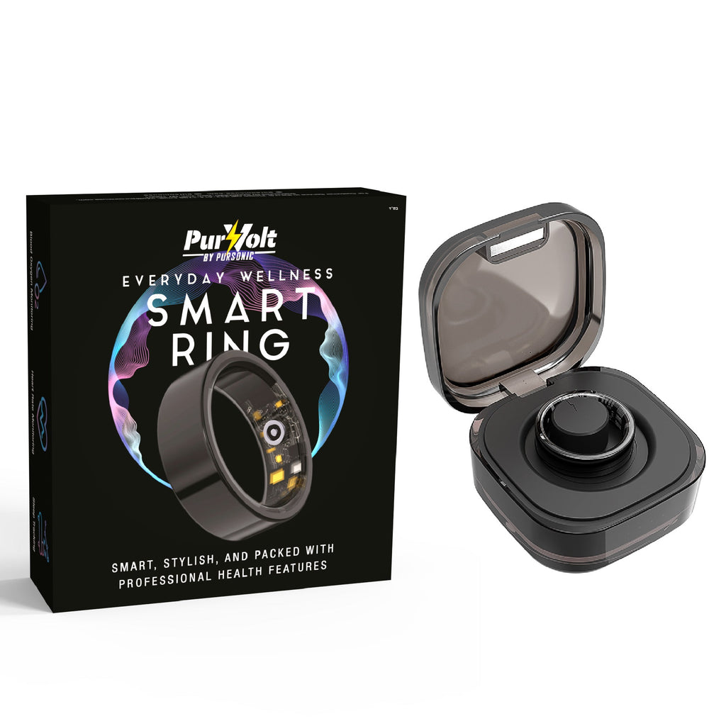 Everyday Wellness Smart Ring in sleek modern finish with its compact magnetic charging base