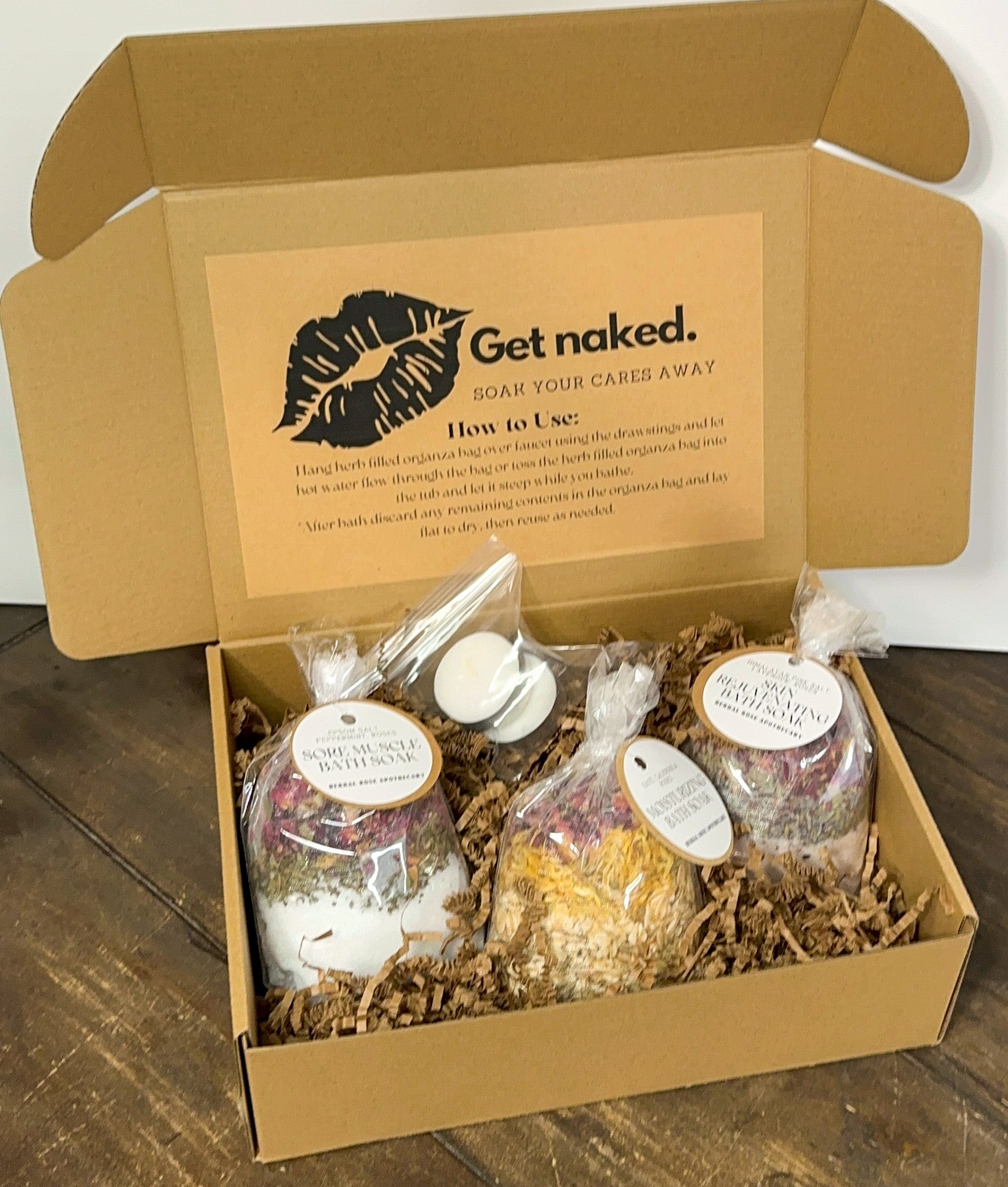 Botanical bath gift set box featuring herbal salt soaks natural flower petals and tea light candles — view 3