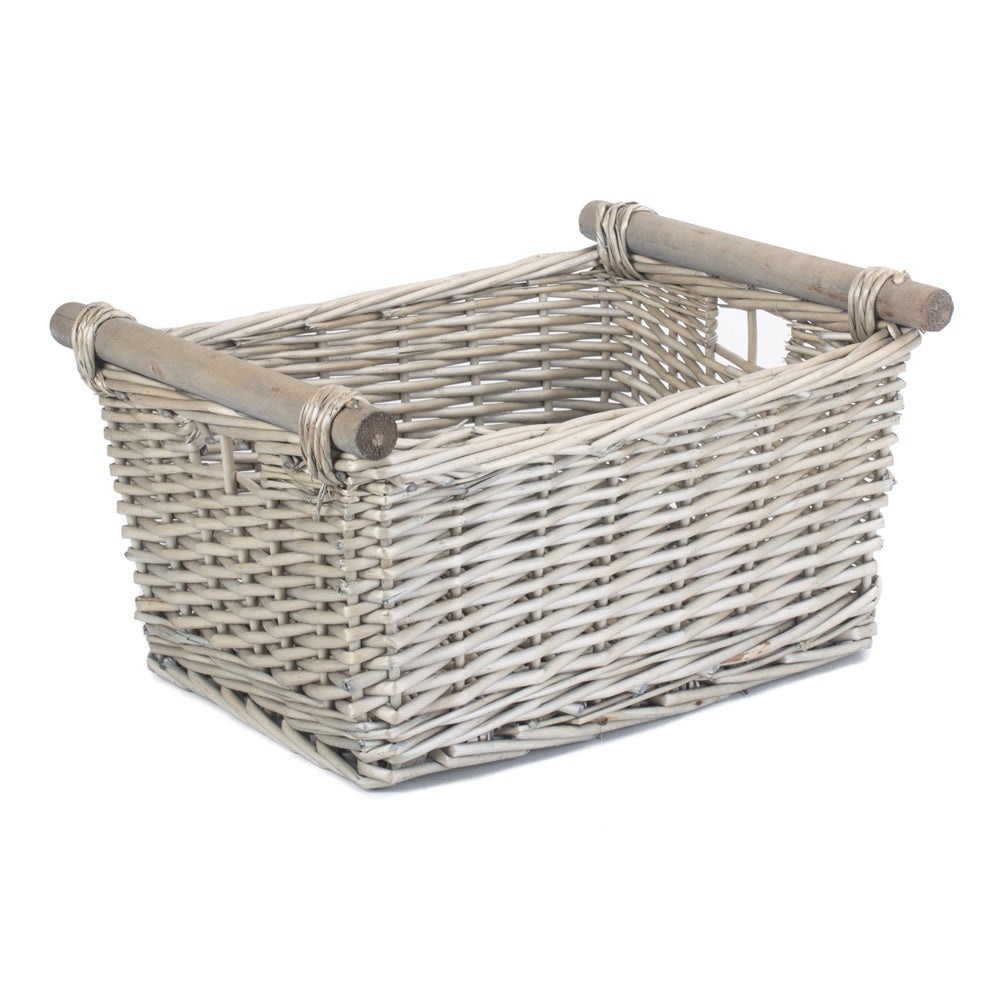 Grey wash wicker storage basket with smooth wooden handles for natural home organization and decor — view 2
