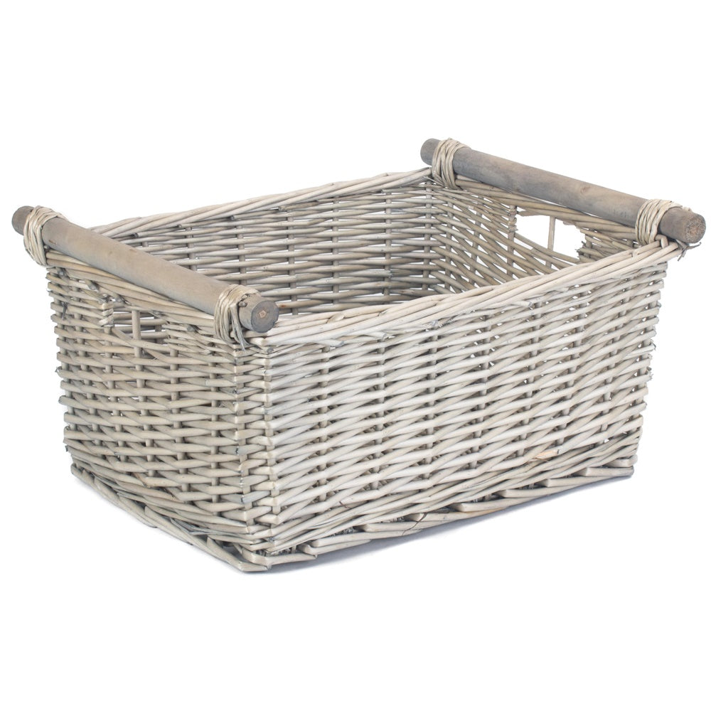 Grey wash wicker storage basket with smooth wooden handles for natural home organization and decor — view 3