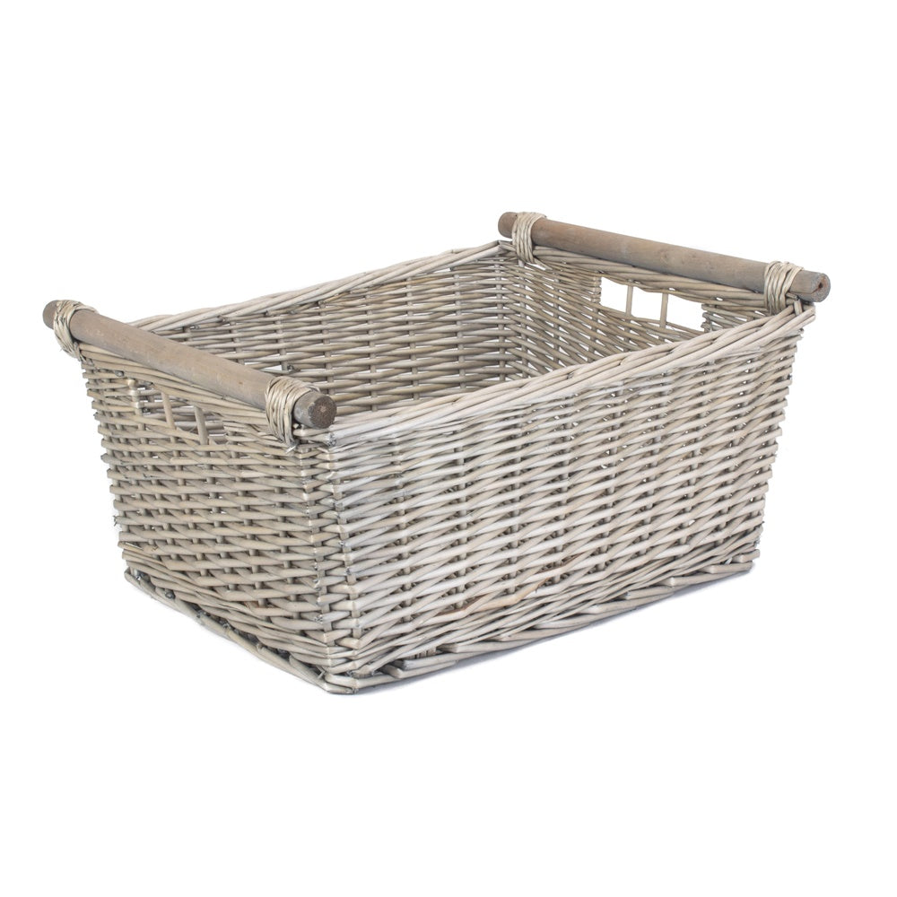 Grey wash wicker storage basket with smooth wooden handles for natural home organization and decor — view 5