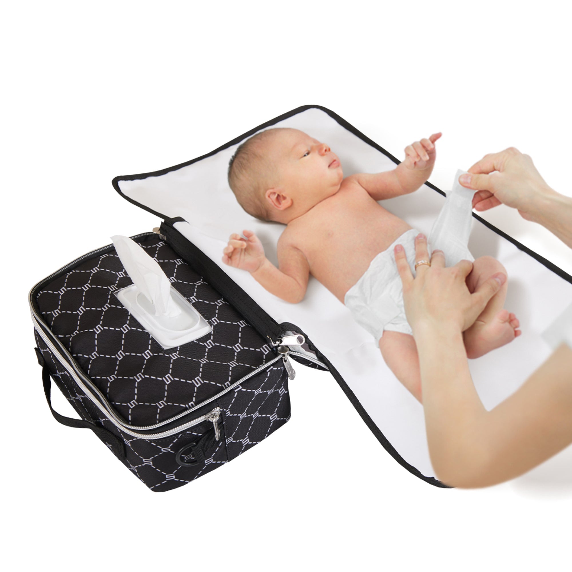 Portable diaper changing bag and fold-out waterproof mat attached to a baby stroller — view 2