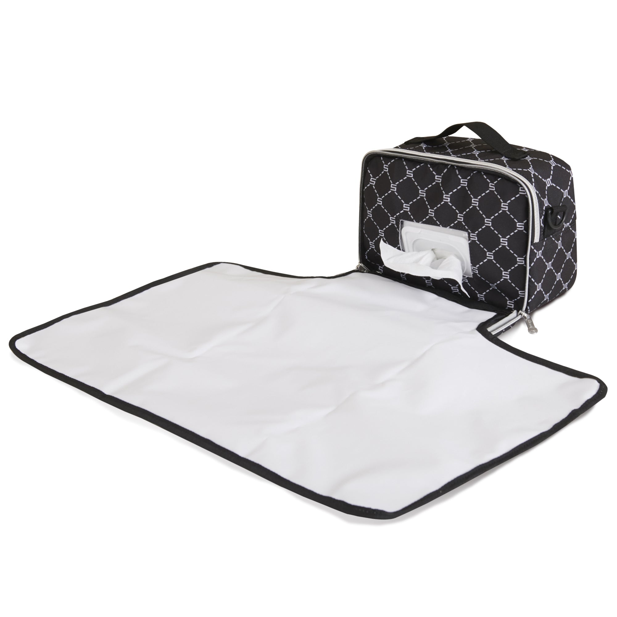 Portable diaper changing bag and fold-out waterproof mat attached to a baby stroller — view 3