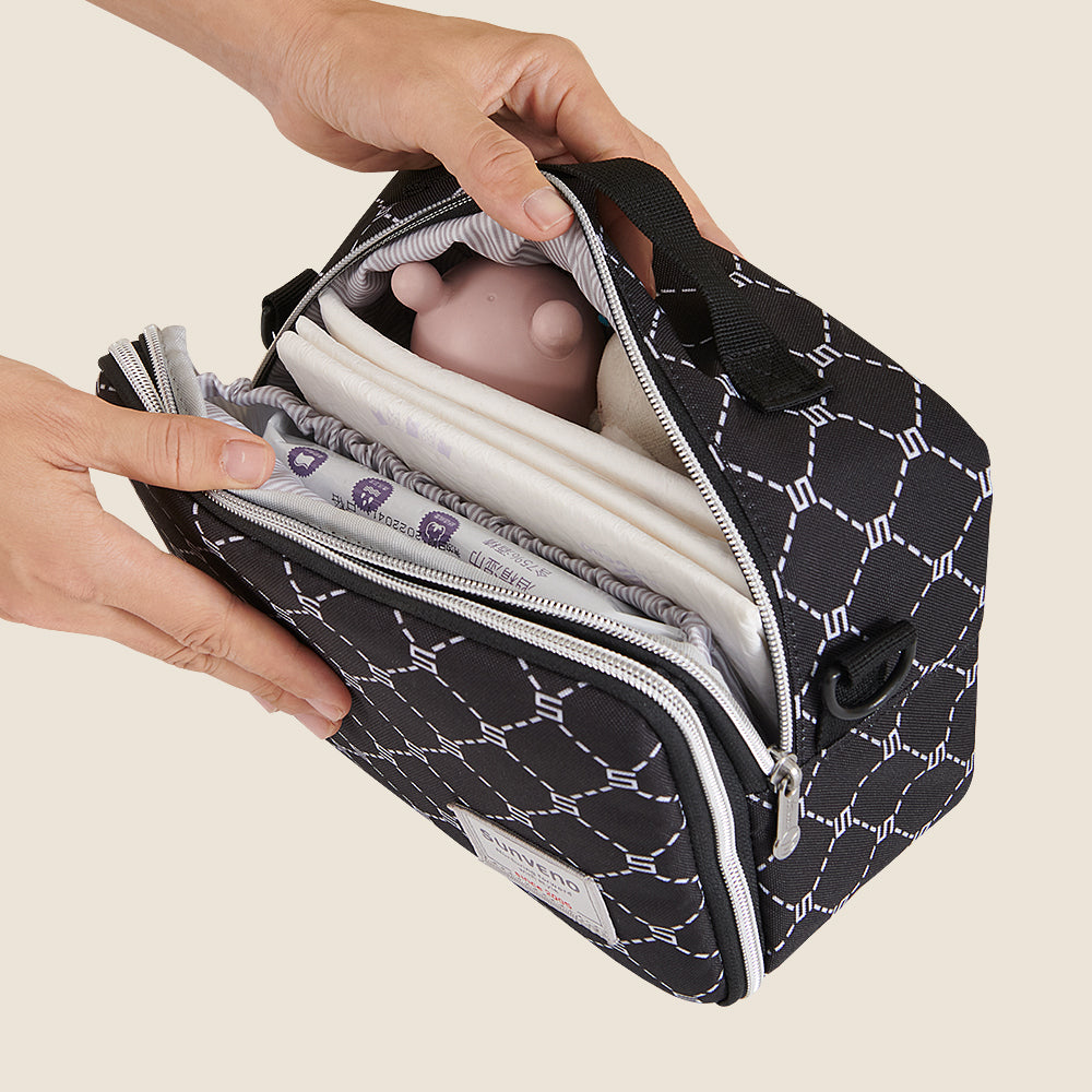 Portable diaper changing bag and fold-out waterproof mat attached to a baby stroller — view 5