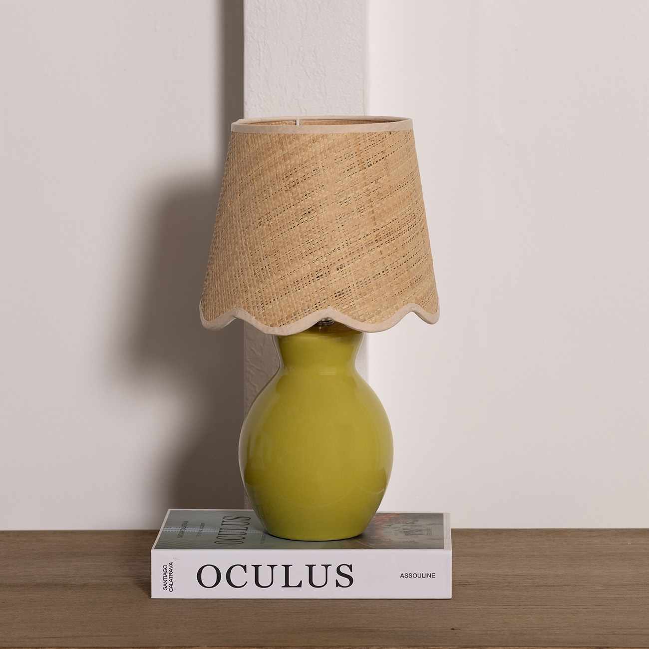 Salgareda olive rattan table lamp with green ceramic base and soft beige cotton shade — view 3