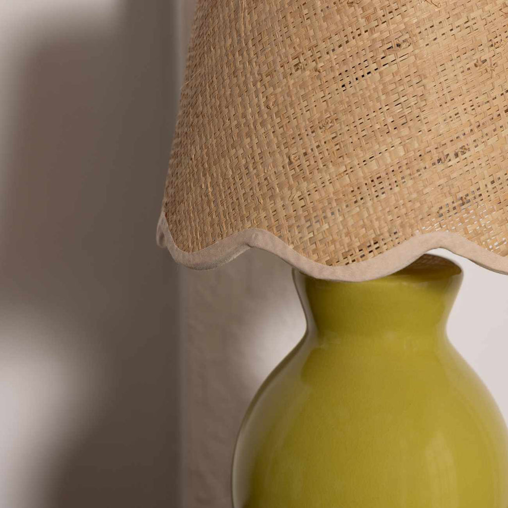 Salgareda olive rattan table lamp with green ceramic base and soft beige cotton shade — view 5