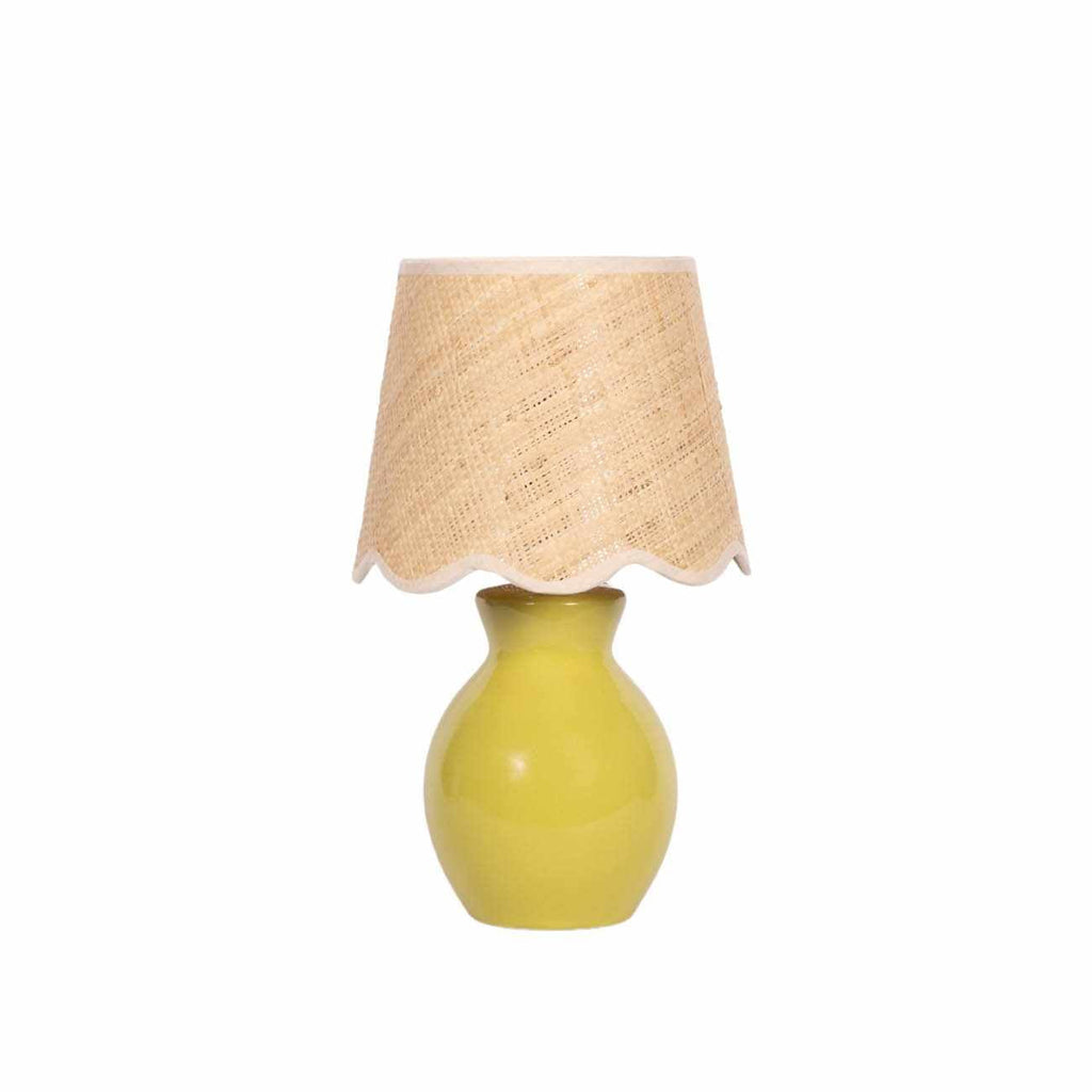 Salgareda olive rattan table lamp with green ceramic base and soft beige cotton shade