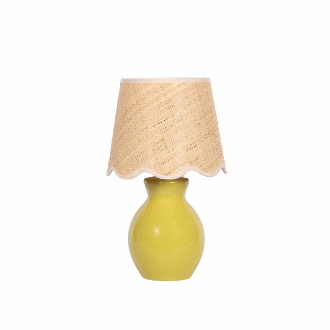 Salgareda olive rattan table lamp with green ceramic base and soft beige cotton shade