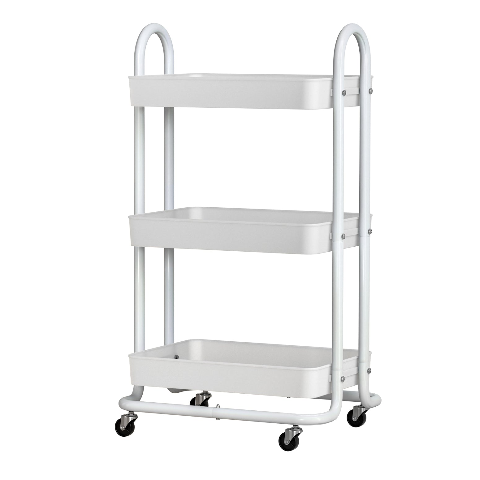 White 3-tier rolling storage trolley kitchen cart with steel frame and smooth caster wheels
