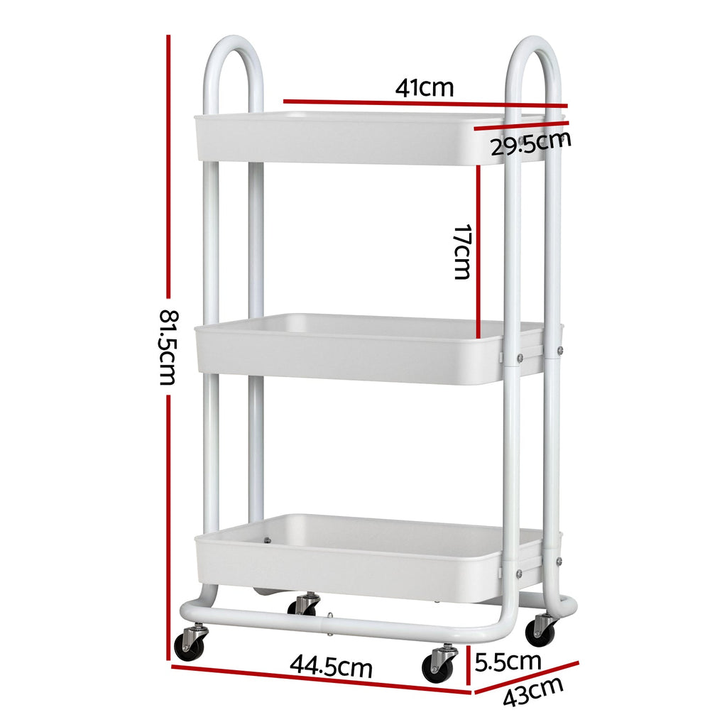 White 3-tier rolling storage trolley kitchen cart with steel frame and smooth caster wheels — view 2
