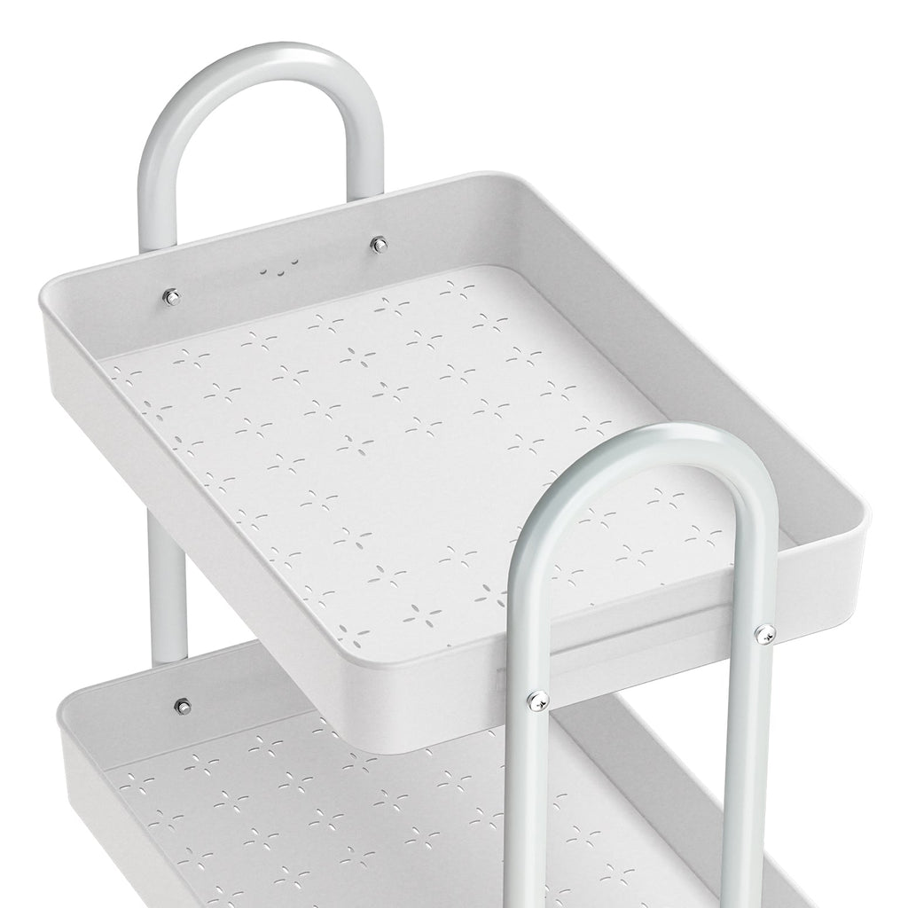 White 3-tier rolling storage trolley kitchen cart with steel frame and smooth caster wheels — view 3